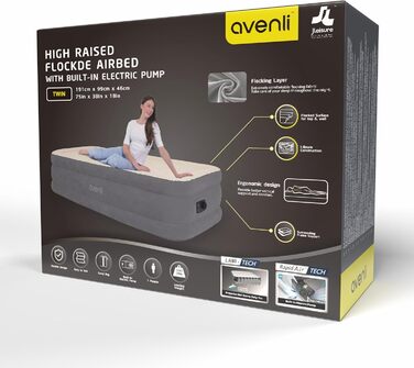 Надувний матрац-ліжко AVENLI самонадувний для 1 особи, 191x99x46 см, з інтегрованою помпою, белькрове покриття, для кемпінгу та дому