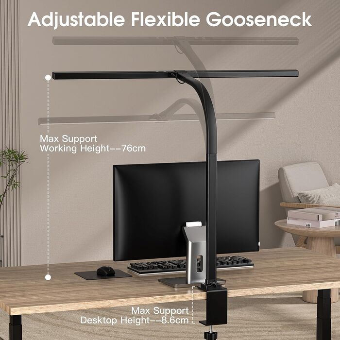 LED лампа настільна з авторегулюванням яскравості, 80 см, кріплення-прищіпка, регулювання колірної температури, захист для очей, денне світло, таймер, матовий чорний