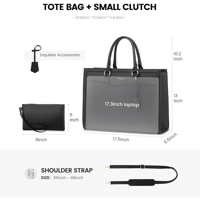 LOVEVOOK 17-Inch Laptop Bag Black Handbag Women's Large Shopper Leather Tote Bag Work Bag Shoulder Bags Briefcase College Teacher Bag Shoulder for Business School