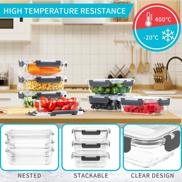 Skroam Glass Food Storage Containers 20 Piece 640ml [10 Containers + 10 Lids] - Meal Prep Boxes for Food - Transparent Lids - for Home Kitchen or Restaurant