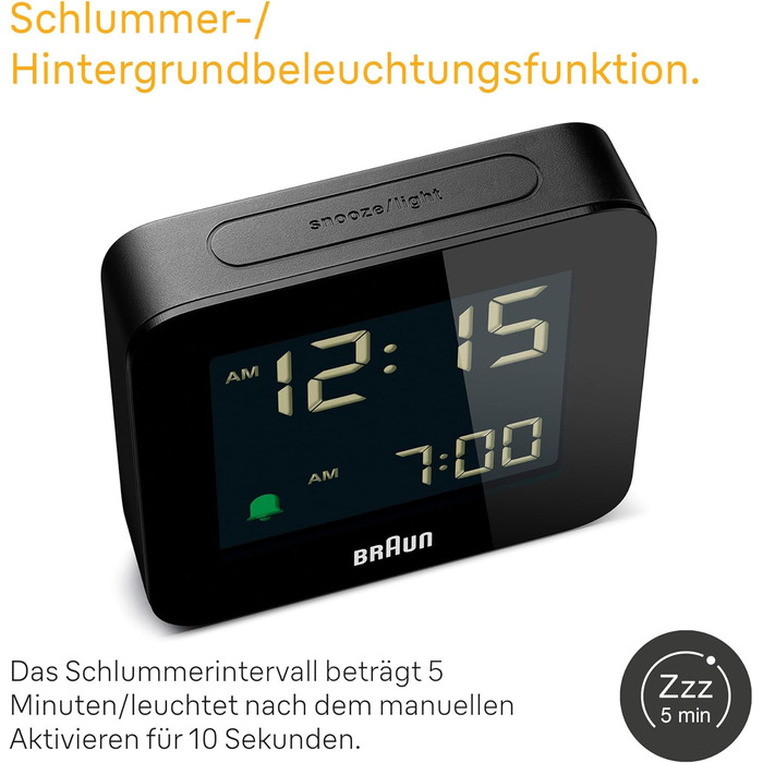 Braun Digital Alarm Clock with Snooze Function, Negative LCD Display, Quick-Set Function, Crescendo Alarm in Black, Model BC09B.