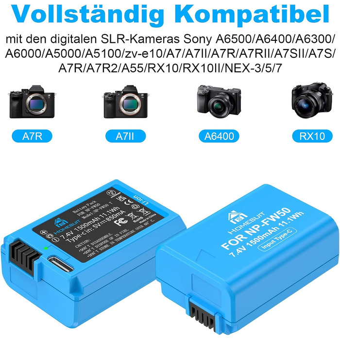 Набір акумуляторів NP-FW50 1300mAh та зарядний пристрій LCD для камер Sony ZV-E10, A6000, A6300, A6400, A6500, A5100, A5000, A7, A7II, A7R, A7RII, A7SII, 7RM2, 7SM2, 7M2, A55, RX10 II, III, IV, NEX-3/5/6/7, NEX-F3 (2 шт. акумулятори + 1 зарядний пристрій)