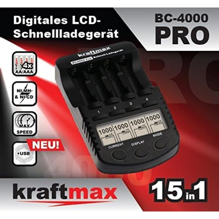 Зарядний пристрій Kraftmax BC-4000 Pro для NiMH AA/AAA акумуляторів з LCD, USB, функцією розряду та відновлення