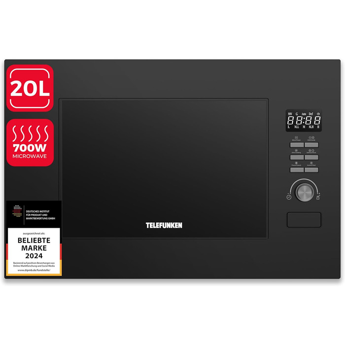 Вбудована мікрохвильова піч Telefunken з грилем, 20 л, чорна, 8 автоменю, 800 Вт, 5 рівнів потужності