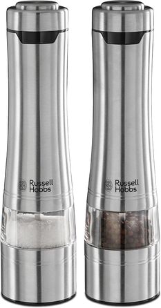 Електричні млини Russell Hobbs для солі та перцю, набір 2 шт, нержавіюча сталь, керамічний механізм, регульований помел, LED підсвітка, для спецій та трав, модель 23460-56