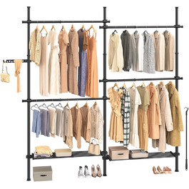 SONGMICS Telescopic Rod Clothes Rack, 3-Tier Wardrobe, Height and Width Adjustable, Open Clothes Closet with 2 Garment Rods and Removable Shelf, Grab Arm, HSR136B01 (Matte Black, 2 Rows (162B~238B) cm)