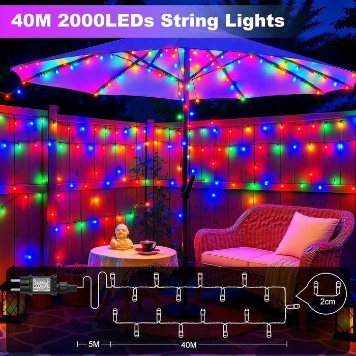 LED гірлянда для декорування: 20 метрів, 1000 LED, вологостійка, з таймером, 8 режимів, для дому та саду