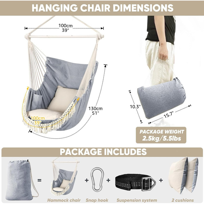 Chihee Hanging Chair Hanging Swing Maximum 500 lbs Includes 2 Cushions Steel Spreader Bar with Anti-Slip Grooves Portable Hanging Chair Side Pocket Large Macrame Bohemian Chair Indoor Outdoor
