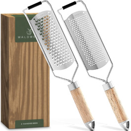 WALDWERK Cheese Grater (2-Piece Set) - Parmesan Grater with Design Wooden Handle - Stainless Steel Zester Grater with Etched Blades - Grater also Suitable as Nutmeg Grater, Lemon Grater, Ginger Grater