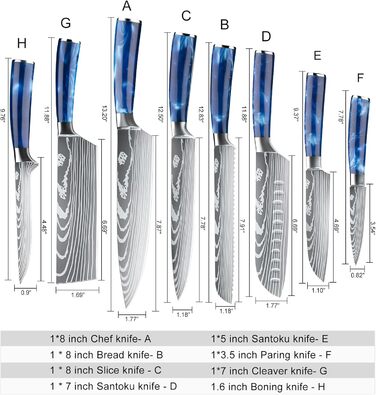 Набір кухонних ножів Dfito, 8 предметів, професійний, з роллю, з високоякісної нержавіючої сталі, синій руків'я