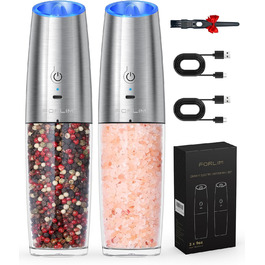 Електрична млинка для перцю та солі FORLIM, USB заряджання, 9oz, з LED-підсвіткою, регульований помел, автоматична, з нержавіючої сталі, срібляста