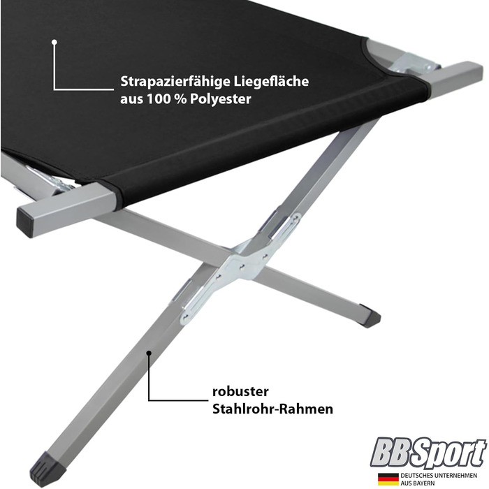 BB Sport Розкладне ліжко-крісло для кемпінгу 190x64x41 см, сталевий каркас, 180 кг, чорне