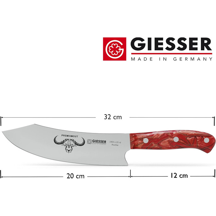 Ніж кухарський Giesser Red Diamond 20 см, PremiumCut No 1, Німеччина - професійний кухонний ніж з нержавіючої сталі, червоний акрил