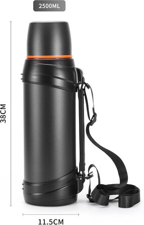 Термос-пляшка з нержавіючої сталі, 2.5 л, з кришкою-чашкою, зберігає тепло 24 год, холод 24 год, без BPA (чорна)