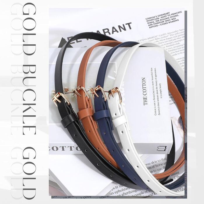 LEACOOLKEY 4 жіночі шкіряні тонкі ремені для суконь та джинсів. Тонкий пояс для талії, з золотою пряжкою (100см, 120см). Розміри: 66-79см, 93-104см. Кольори: чорний, коричневий, темно-синій, білий.