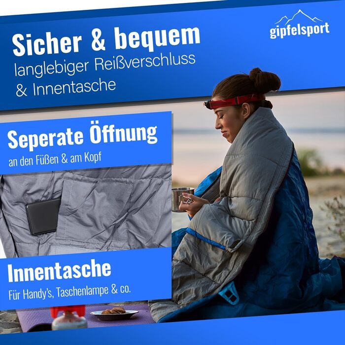 Спальний мішок Gipfelsport Ultraleicht 4 сезони [-20°C - 15°C] | Ultralight, Mumienschlafsack для кемпінгу, трекінгу та подорожей | 10°C, блакитний