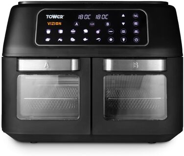 Фритюрниця Tower T17102 Vortx Vizion з двома камерами, 11 л, чорна, цифрове управління, аерофритюрниця-духовка
