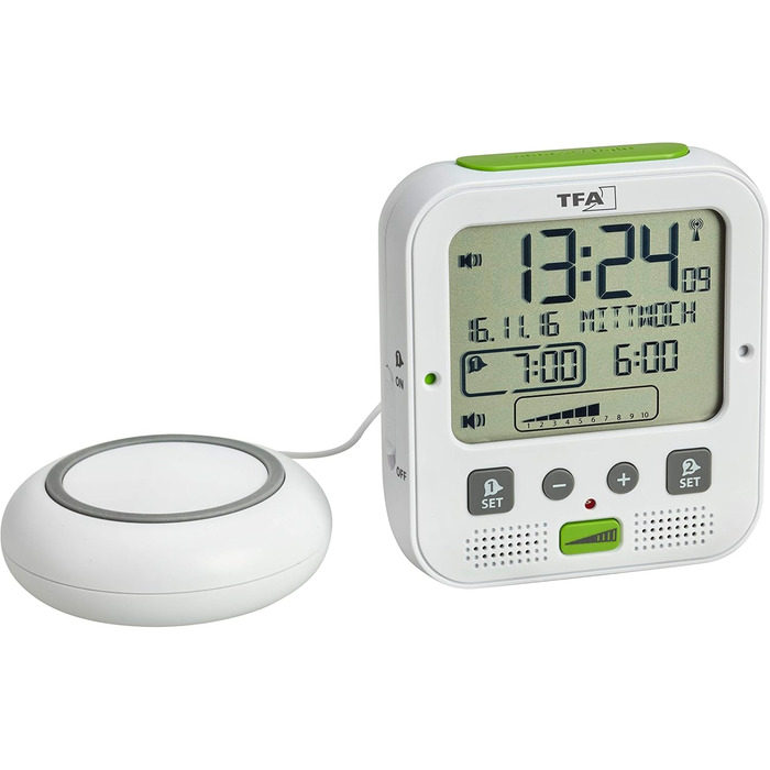 TFA Dostmann Boom Funkwecker, Loud with Vibration Alarm, Snooze Function, Adjustable Volume and Brightness, Automatic Night Light, White, L 110 x W 65 x H 122 mm