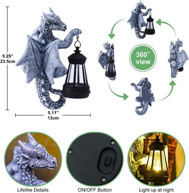 Yeomoo Dragon Figures with Solar Lamps Tree Trunk Garden Decor for Outdoors: Funny Dragon Garden Figures Decor with LED Solar String Lights Outdoor Gifts for Men/Women Garden Fence Tree Accessories Grey