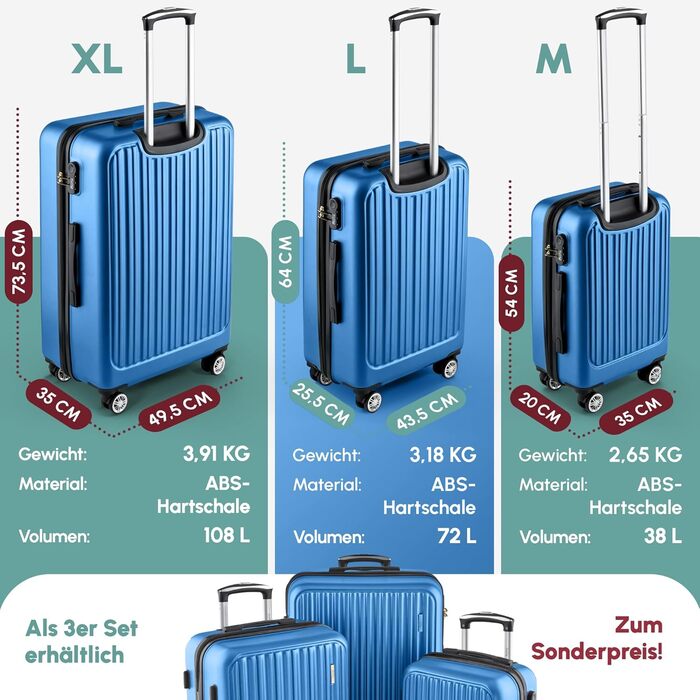 ABS валіза Hartschalenkoffer Easy Move - ергономічна, безпечна, з 360° колесами та кодовим замком. Компактний рол-валіз для подорожей, блакитний (Set)