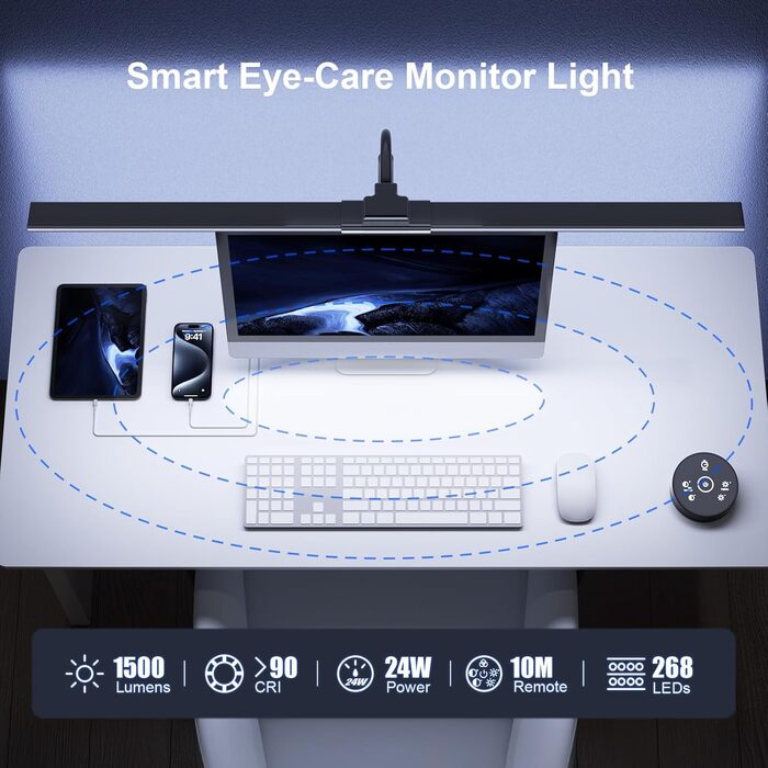 LED лампа настільна з регулюванням яскравості - 1500LM 24W, кріплення-прищіпка, з пультом, гнушкий 80см шнур, USB-порт, для офісу та дому (Чорний)