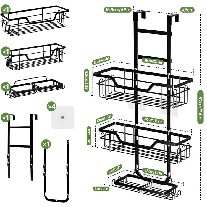 Поличка для душу без свердління, чорна, настінна, для скляних дверей, з 3 кошиками для шампуню та гелю для душу, стильна модель A