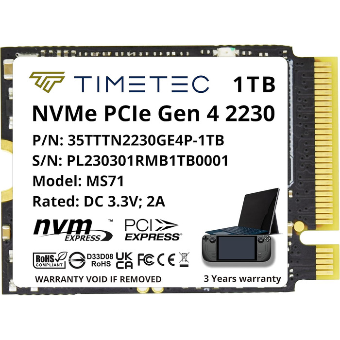 SSD Timetec PCIe 4.0 Gen4x4 1TB M.2 2280 для PS5, PC, Laptop - NVMe, Phison E27T, 2000TBW, 7400/6100 MB/s