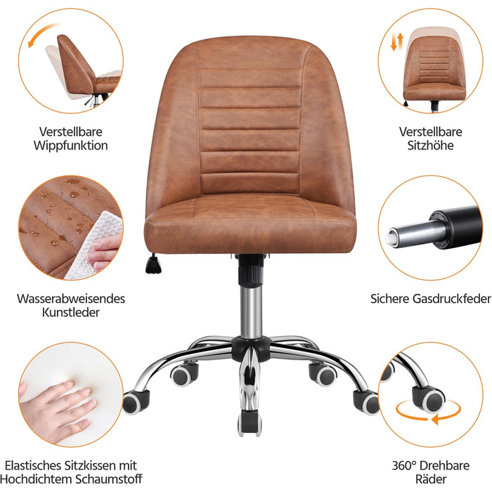 Офісне крісло Yaheetech без підлокітників, поворотне, на роликах, регульоване по висоті, арт-декор коричневе, штучна шкіра