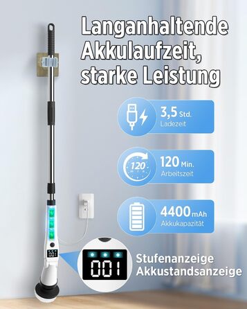 Електрична щітка для прибирання з 8 насадок, 3 швидкості, IP65 водостійка, регульована ручка, акумуляторна щітка для ванної, кухні, плитки, душу та кутів (біла)