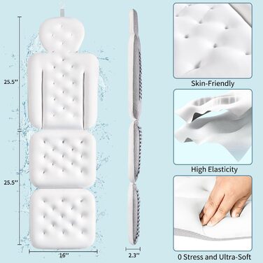 Luxury Full Body Bathtub Pillow with Mesh Bag - White, 51' x 16'