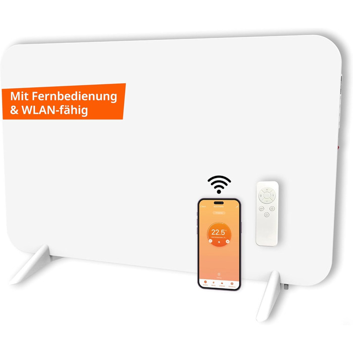Обігрівач KönigsHaus 450W Smart з інфрачервоним випромінюванням - підлоговий/настінний - керування через Wi-Fi з додатком та пультом - з тримачем для рушників, ніжками та кріпленням - білий 450 Вт - білий