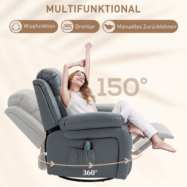 HOMCOM electric TV recliner chair with massage function, 360° swivel, featuring 8 vibration motors, rocking function, faux leather, 93L x 90W x 101H cm, Grey | Aosom