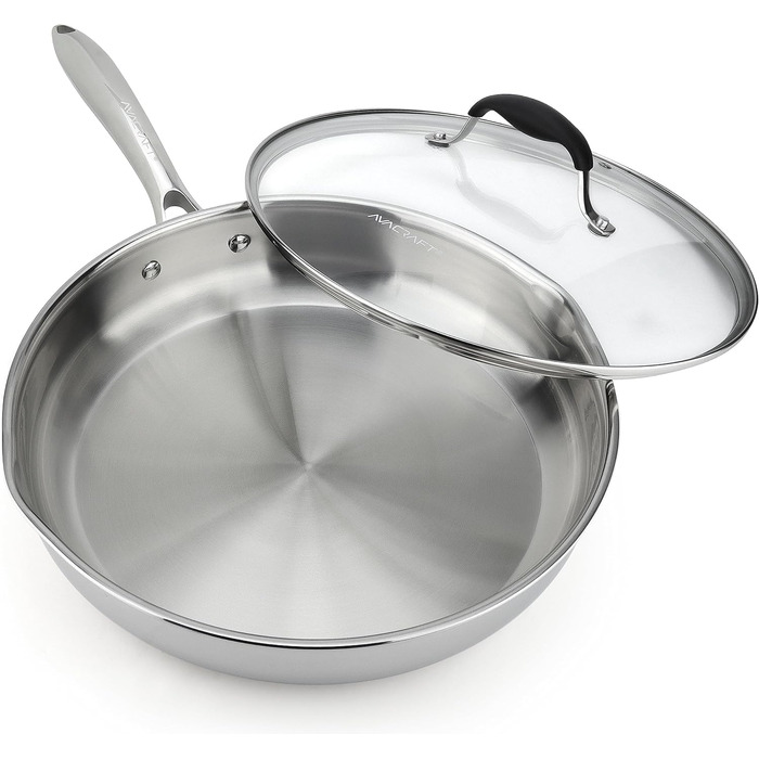 Сковорода з нержавіючої сталі AVACRAFT 18/10 Tri-Ply з кришкою, виливами, Cool-Touch ручкою, для індукційних плит, 25 см