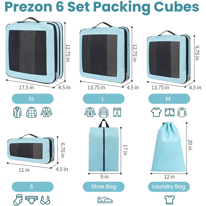 Органайзери для валізи компресійні, 6 шт., сітчасті, м'ятного кольору - Розділювачі для подорожей