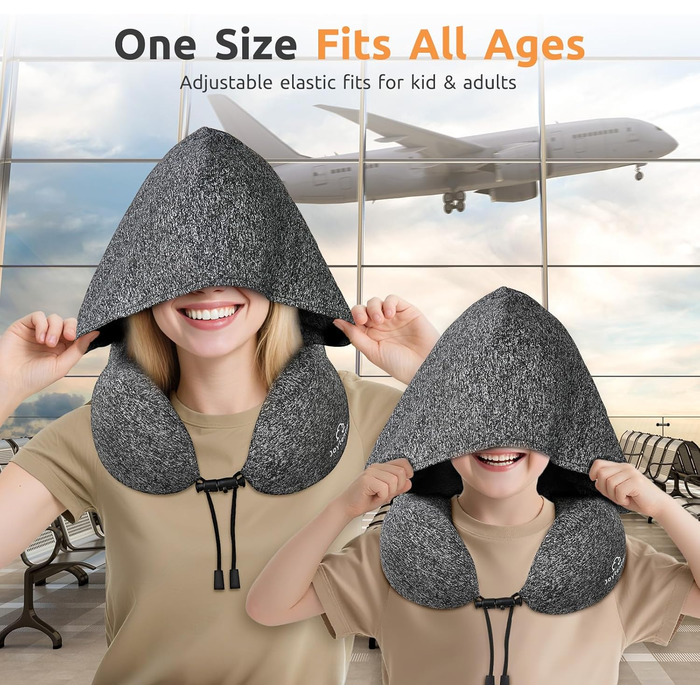 Подушка для шиї в літак з капюшоном, Memory Foam, регульована, для дорослих, авто, офіс (сіра)