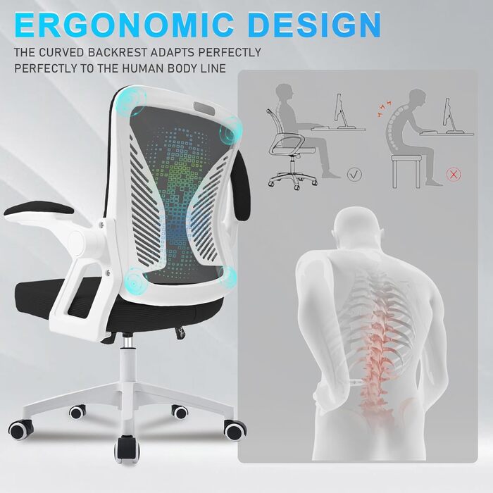 Офісний стіл з регульованими підлокітниками, ергономічний крісло з сітчастою спинкою, підтримкою попереку, регульованою висотою, м'яким сидінням, поворотним на 360°, (білий)