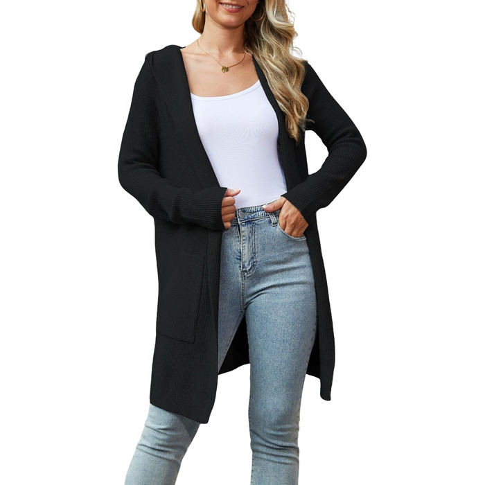 Жіноча довга куртка-кардиган без застібки JUOIANTANG, чорна, розмір XXL