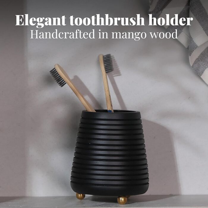 Folkulture Bathroom Toothbrush Holder, Modern Wooden Toothbrush and Toothpaste Holder (Black Grooves)