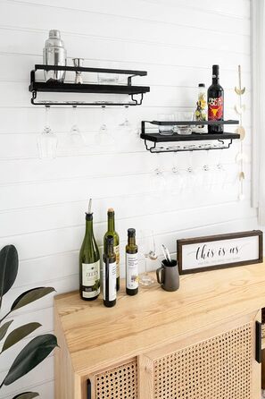 Wall-Mounted Wine Racks 2-Piece Set Wood Rustic Wine Bottle Glass Floating Shelves with Stemware Hangers Modern Wine Display Storage Holder for Kitchen Dining Room Bar, black