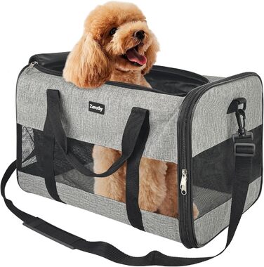 Транспортна сумка для котів та собак, дихаюча та складна, транспортна переноска з регульованим плечовим ременем, знімна плюшева матрацна подушка (Сірий, L)