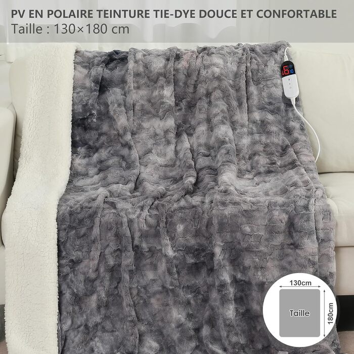 Електрична ковдра COZYTY з автовимкненням 150x200 см – фланелева ковдра з 6 рівнями нагріву, таймером 10 годин, захистом від перегріву, машинне прання (сірий/чорний)