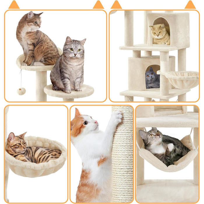 Кігтеточка Yaheetech XXL для котів, 175 см, для 3-4 котів, з платформами, гамаком, м'ячиком, бежева
