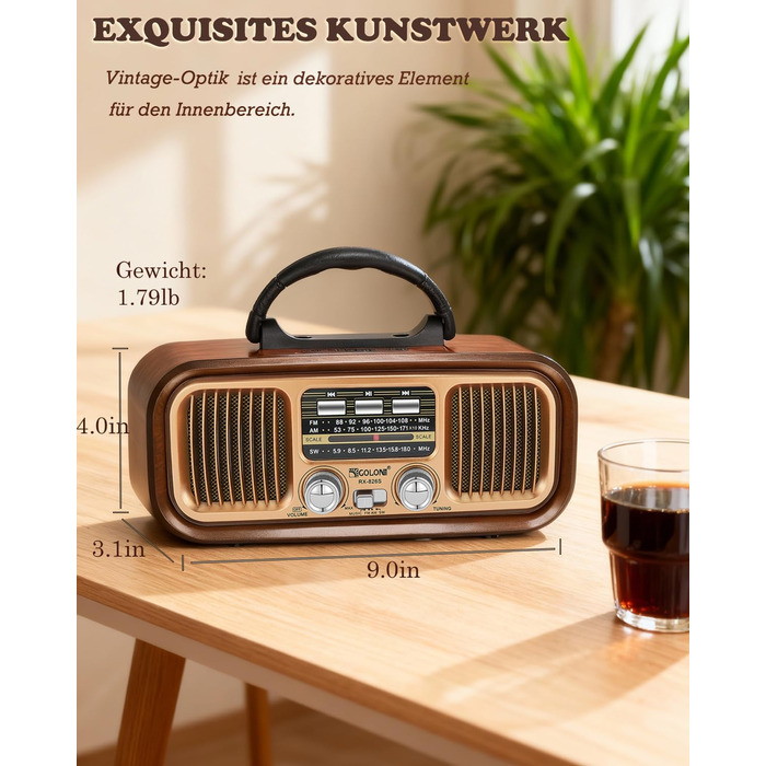 Ретро Радіо Klein з Bluetooth, AM/FM/SW радіо, портативне, з сонячною панеллю, USB/TF картка, 1200mAh, подвійний динамік