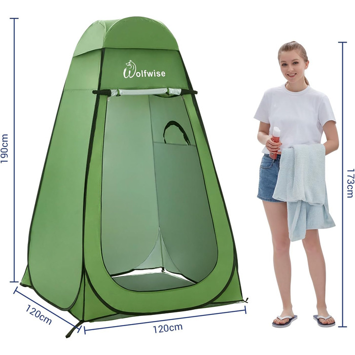 WolfWise Pop-Up Shower Tent with UV Protection - Portable Camping Toilet Tent, Changing Room, Outdoor Privacy Shelter - Green with Floor & Roof