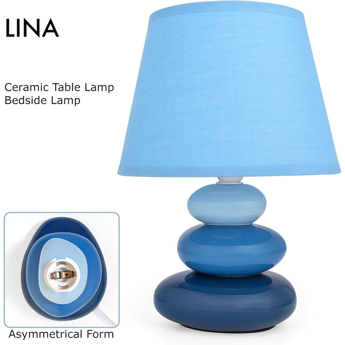 Нічна лампа 'Ліна' блакитна: керамічна настільна лампа з абажуром, LED, E14, 230V