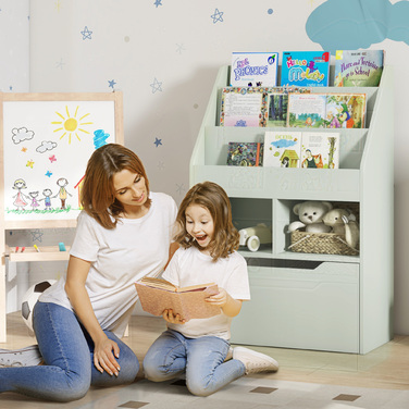 Дитяча полиця HOMCOM з шухлядою та трьома відділеннями для книг, 2 відкритими полицями, органайзер для дитячої кімнати, ігрової кімнати, світло-зелений, 60 x 29,9 x 90 см