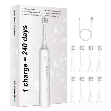 Електрична зубна щітка для дорослих з акумулятором 240 днів, 8 насадок, 3 режими, таймер 2 хв, IPX7 водонепроникна, біла