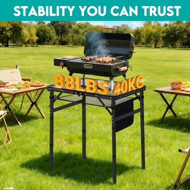 Складний кемпінговий стіл для пікніка, грилю, саду, пляжу 60x40x26.5/41.5/67.5 см, регульована висота, чорний