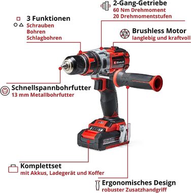 Акумуляторний дриль-шуруповерт Einhell TE-CD 18 Li-i Brushless Power X-Change з ударною функцією, Li-Ion, 18 V, 2 швидкості, 60 Nm, LED-підсвічуванням, у кейсі, з 2 акумуляторами 2.0 Ah та зарядним пристроєм