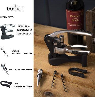 BarCraft Waiter's Corkscrew and Wine Bottle Opener, with Bottle Stopper, Foil Cutter and Replacement Non-Stick Worm, Metal Shimmer, 1 Set with Presentation Box